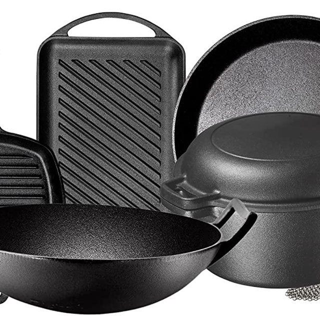Pre Seasoned Cast Iron 7 Piece Bundle Gift Set, Double Dutch, Rectangular grill Pan, Wok, Large Skillet, Square Grill Pan & Chainmail, Camping Cookware Set