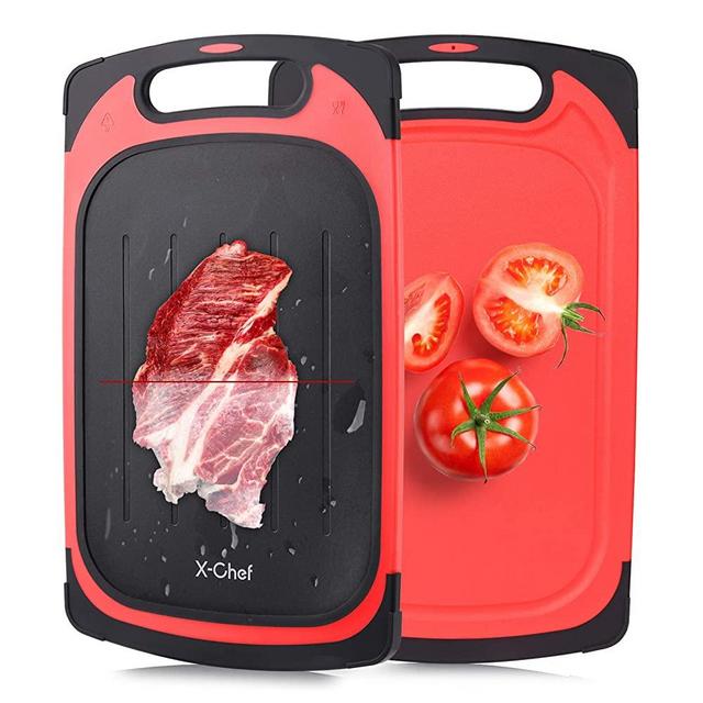 X-Chef Defrosting Tray, 2 in 1 Meat Thawing Cutting Board, Fast Thawing Plate and Chopping Board for Kitchen Frozen Food, 2 Side Use Meat Defroster, Large, 15.9x9.5inch, Red