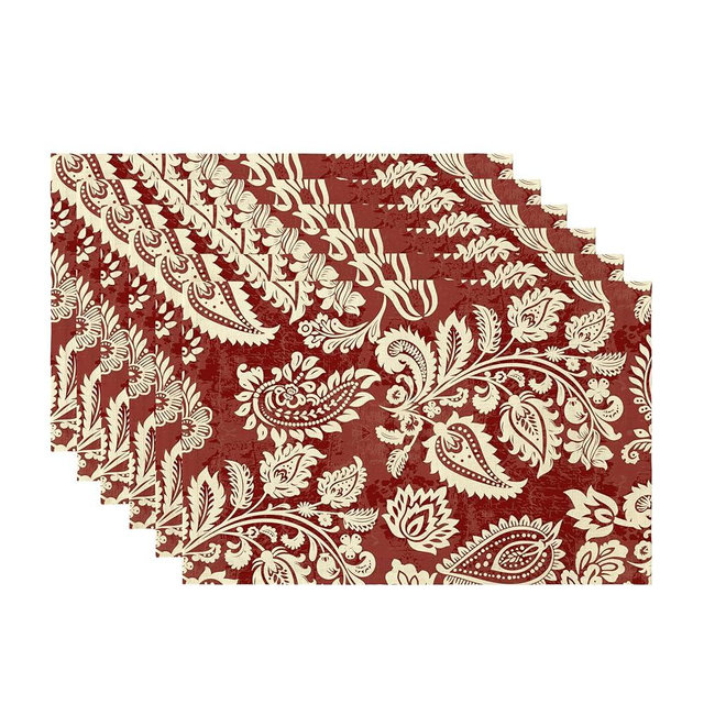 LilyCat Linen Fabric Red Paisley Floral Placemats, Durable Boho Dining Table Mats for Kitchen, Rustic Vintage Washable Place Mats Set of 6, 18’’× 12’’