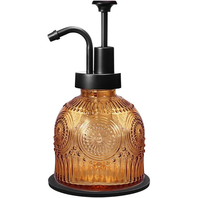 Amolliar 8 Oz Vintage Glass Bathroom Soap Dispensers with Pump, Refillable Kitchen Dish Soap Dispenser with Stripe, Antique Rustic Hand Soap Liquid Bottle (Brown-Black Pump)