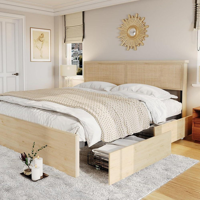 Brafab Natural Rattan King Size Bed Frame with Wooden Headboard and 4 Storage Drawers, Boho Natural Wood Bedframe Cane Oak Metal Platform Beds with Strong Wooden Slat, Noise Free, No Box Spring Needed