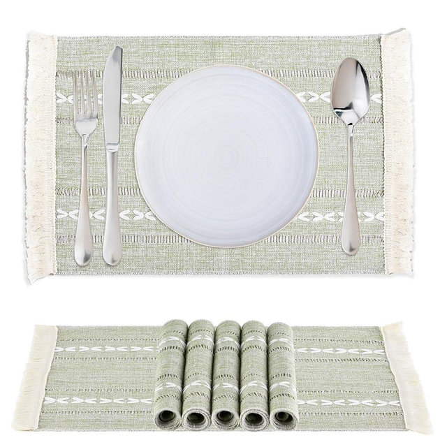 Cotton Linen Placemats Set of 6, Boho Hemstitch Place Mats with Fringe, Washable Table Mats for Dining Table, Rustic Farmhouse Kitchen Decor Home Decor