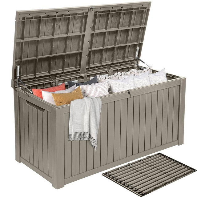 DWVO 180 Gallon Extra-Large Patio Deck Box, Waterproof Resin Outdoor Storage Box with Removable Divider for Patio, Garden, Pool, Furniture and Tools, Light Brown