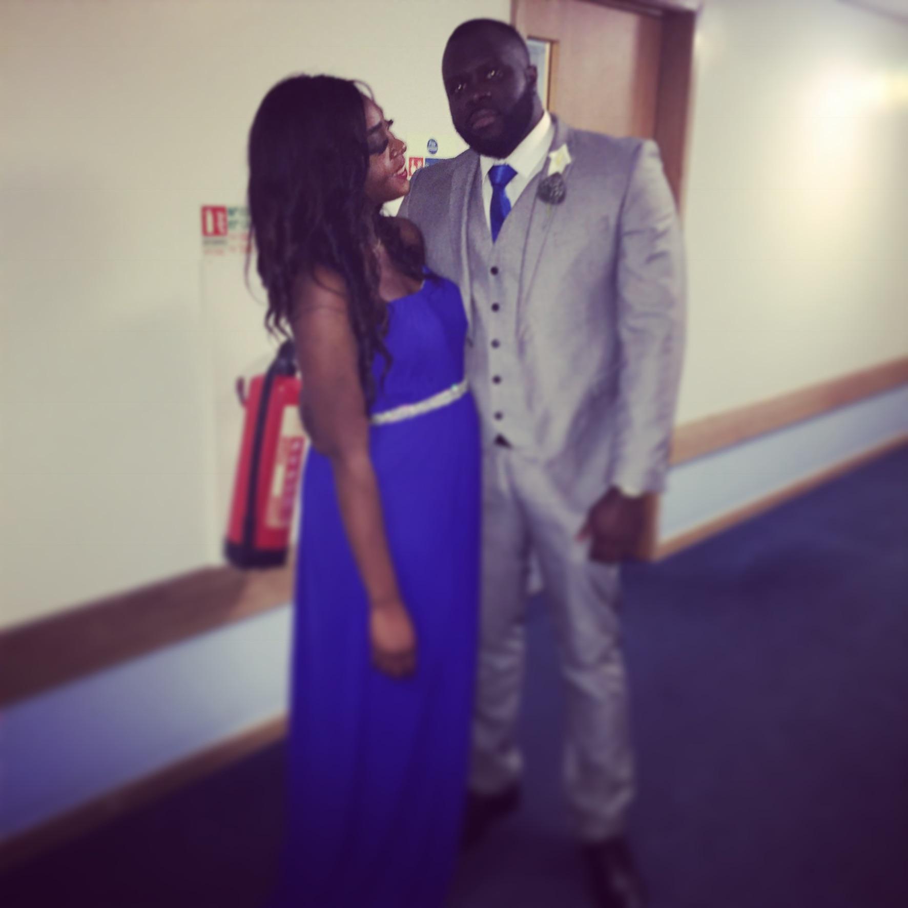 Groomsman and bridesmaid for Dido’s sister’s wedding. Notice the little bump!