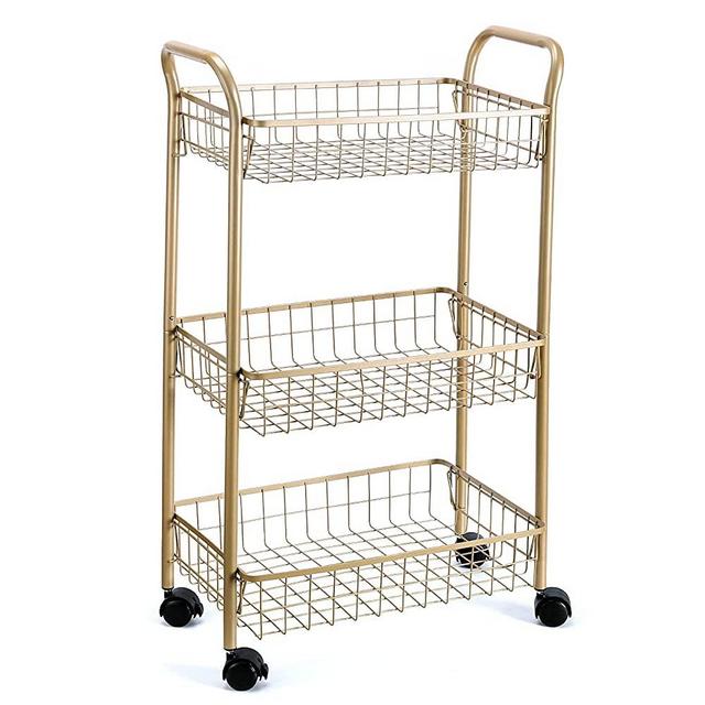 MNOPQ 3 Tier Rolling Utility Cart, Storage Trolley Service Cart with Wheels Easy Assembly for Kitchen, Living Room ,Office ,Salon (Gold)