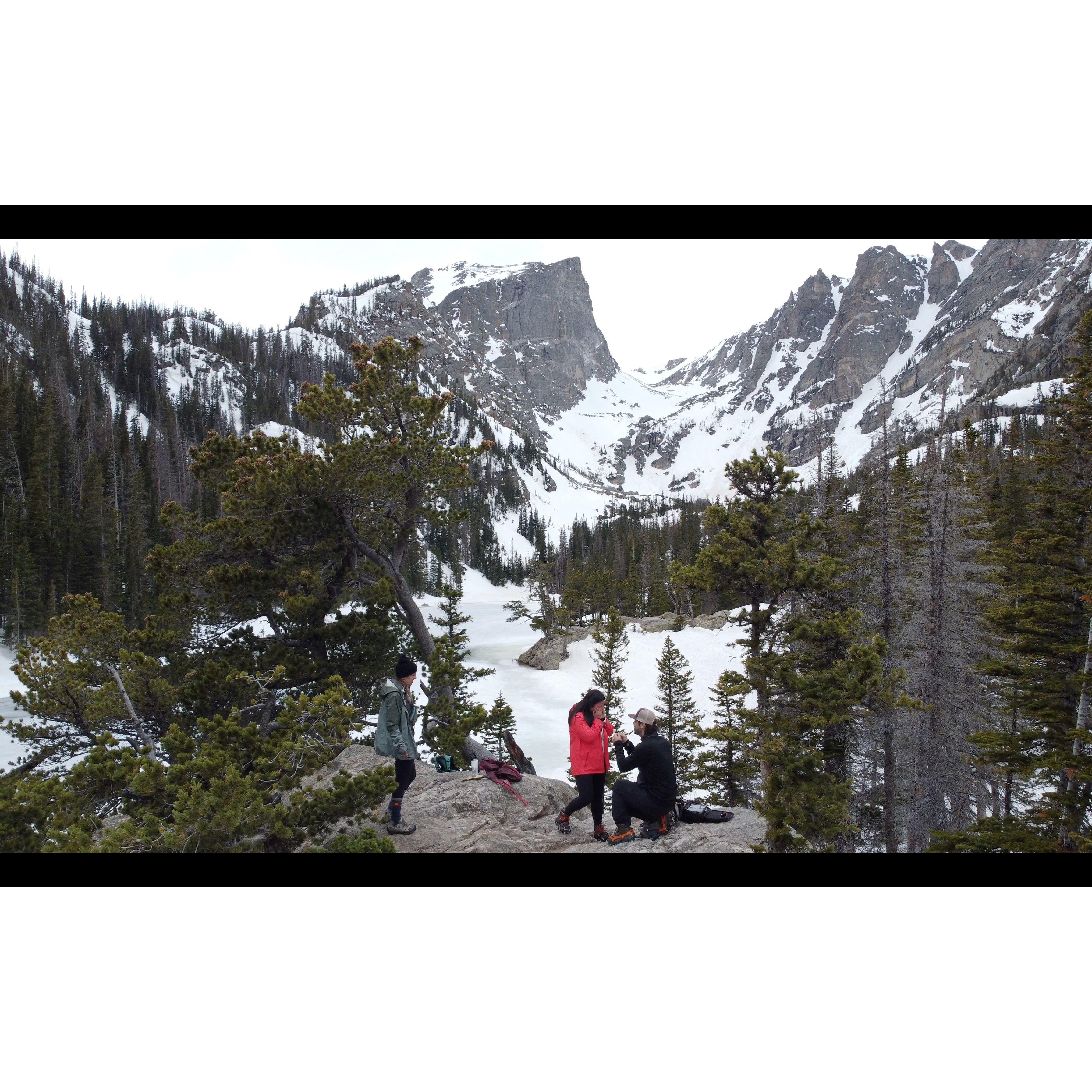 The proposal in front of Dream Lake at Rocky Mountain National Park