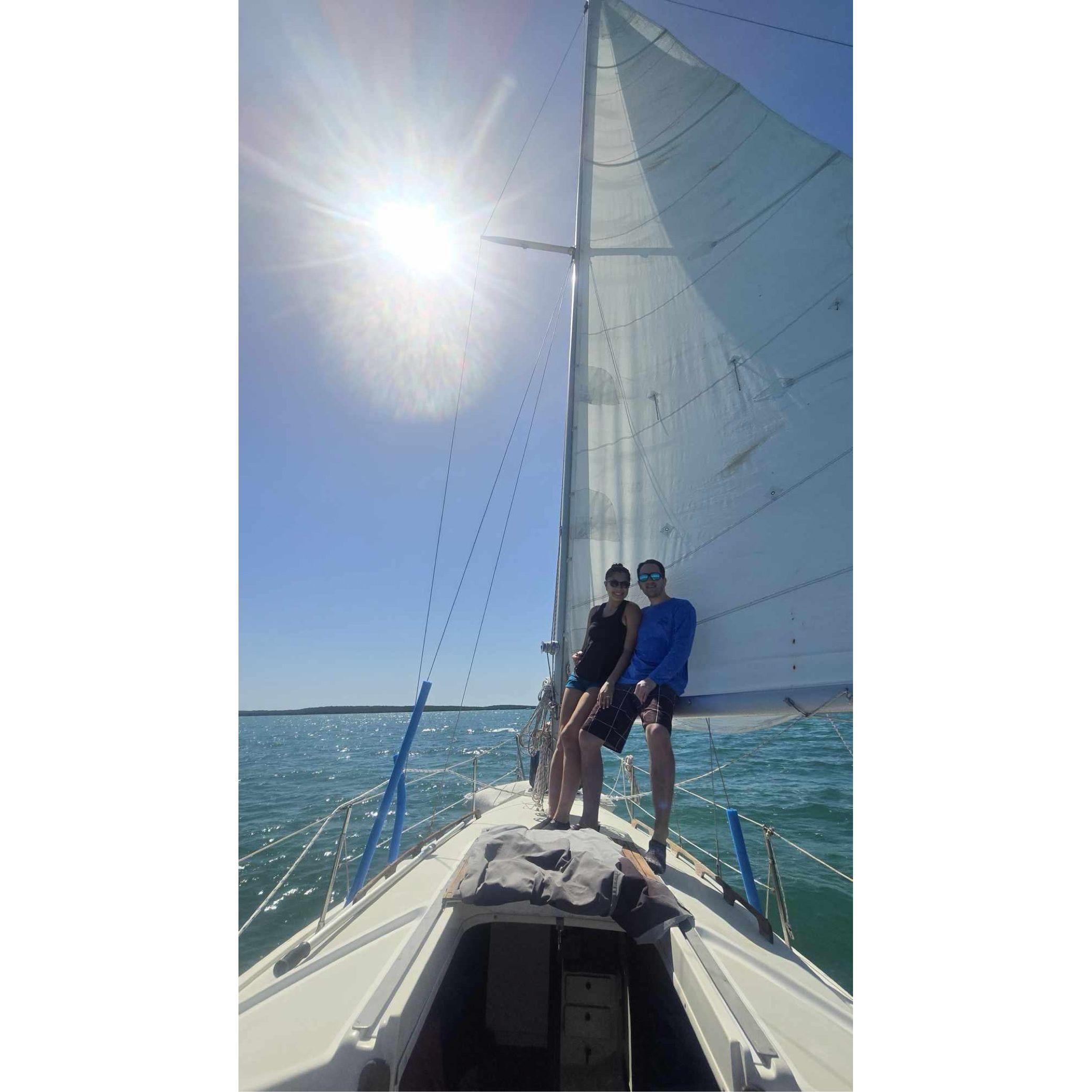 Celebrating our engagement with a sail boat ride around the ocean in the Florida Keys