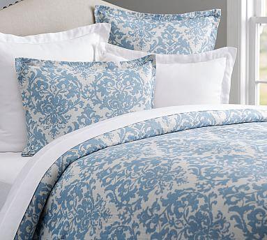 Jacquard Linen Medallion Duvet Cover-Riviera Blue Full/Queen