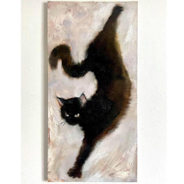 Impasto Black Cat Oil Painting: Original Cats Art Small Textured Artwork (8x16'')