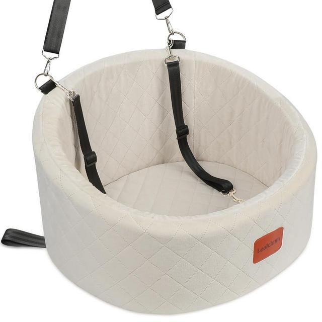 Lealchum Dog Car Seat for Small Dogs,Comfy Pet Travel Car Bed with 2 Clip-On Leashes,Fully Removable & Washable,Non-Slip Base with Seatbelt Channle,Easy to Install (Beige, Small)
