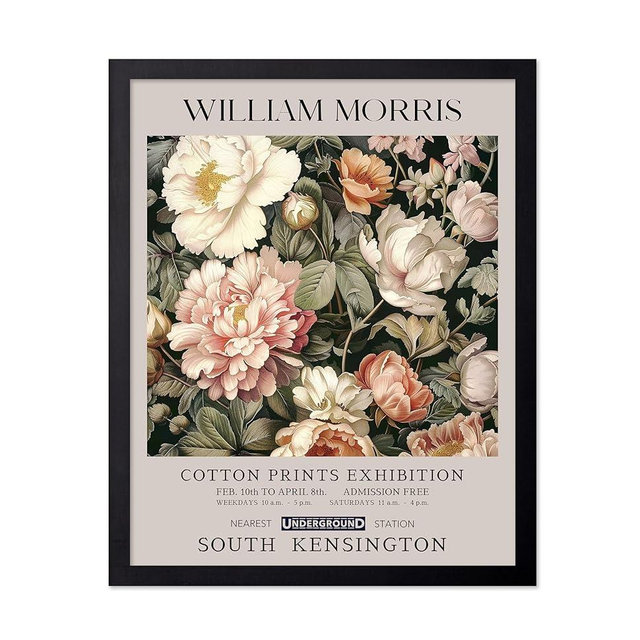 Poster Master Pink Peonies Print - William Morris Poster - Textile Pattern Art - Botanical Exhibition Art - Floral Illustration - Aesthetic Office, Living Room or Bedroom Wall Decor - 8x10 Black Framed