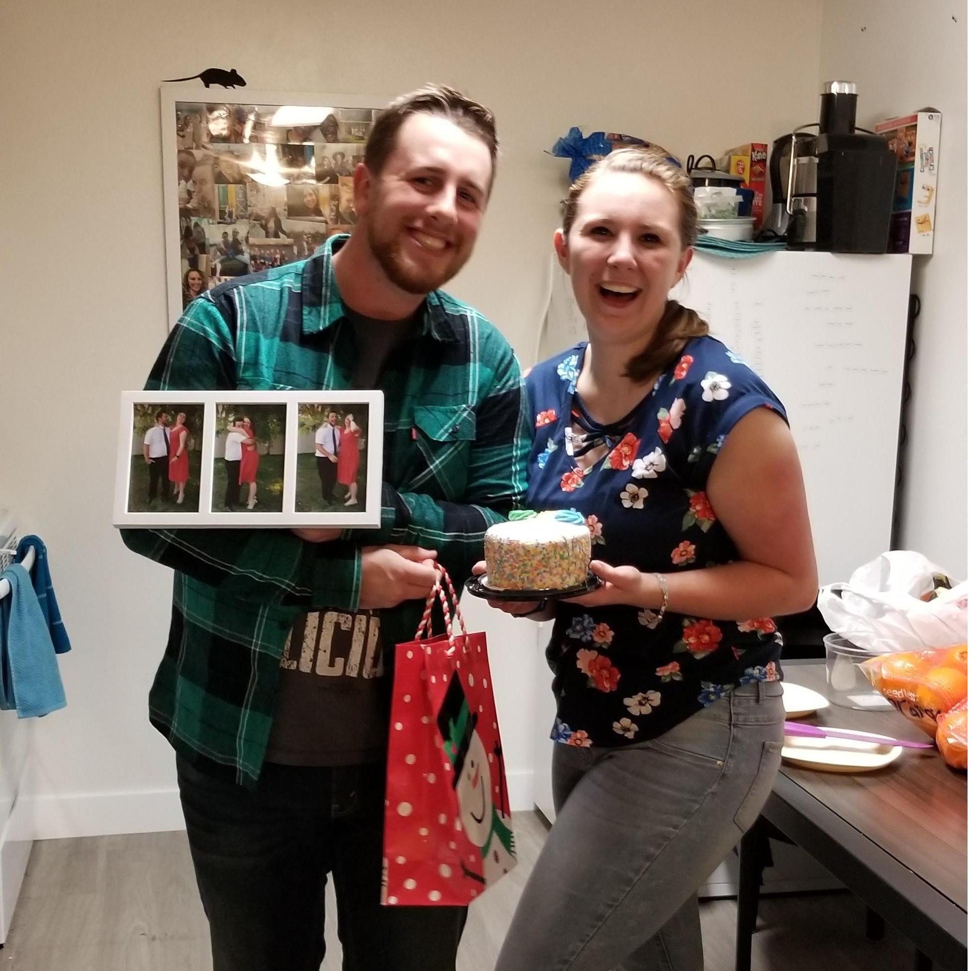 For our six month anniversary, we celebrated with a little gift exchange. He was surprised when I pulled out the cake.
