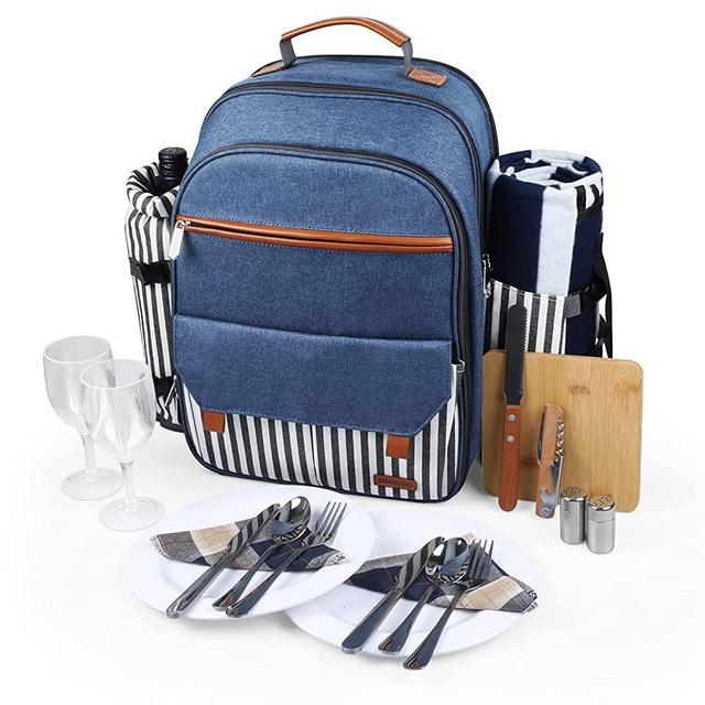 Sunflora Insulated Picnic Backpack for 2 Person Bag with Cooler Compartment, Blanket and Stainless Steel Cutlery Set for Couple, Lovers and Friends (Blue & Stripe)