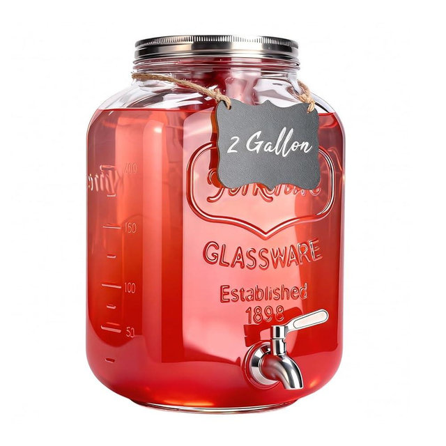 RuileMei 2 Gallon Glass Drink Dispenser For Parties,Beverage Dispenser,Lemonade Dispenser with 304 Stainless Steel Spigot Leakproof for Sun Tea, Picnic,Homemade Juice
