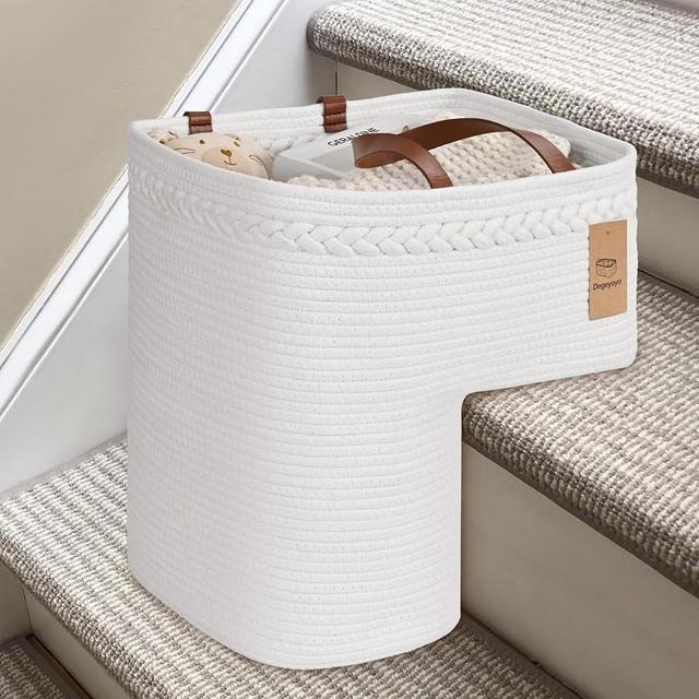 Degeyoyo Woven Stair Basket, Stair Baskets for Wooden Stairs, Carpeted Stairs Storage Basket with Handles, Staircase Baskets for Toys, Books, White, 15” L x 10” W x 15” H