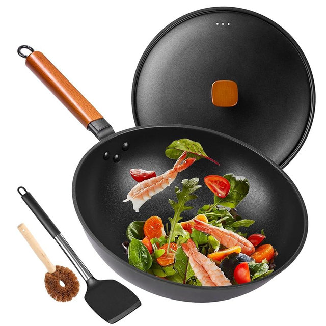 Carbon Steel Wok Pan - 12.9" Woks & Stir-Fry Pans Nonstick with Spatula: Flat Bottom Wok for Electric, Induction and Gas Stoves