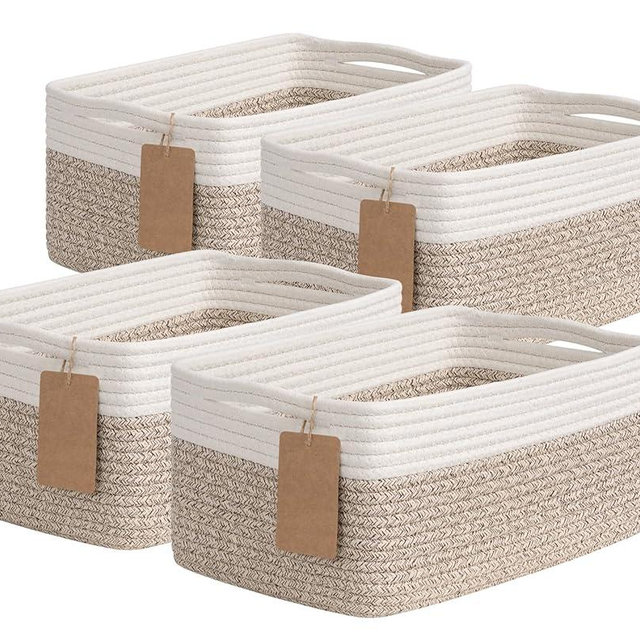 Goodpick 4 Pack Storage Baskets for Shelves, Rectangle Woven Baskets for Organizing, Cotton Rope Storage Bins for Baby Toys, Decorative Basket for Gifts, 13''L x 8''W x 6''H, Brown & White