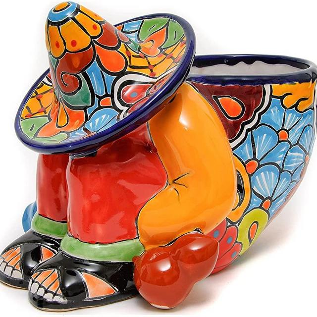 Enchanted Talavera Mexican Pottery Siesta Flower Pot Hand Painted Ceramic Plant Pot Planter Indoor Outdoor Porch Flower Vase Garden Statue Sculpture Outdoor Decor Animal Butterfly Frog