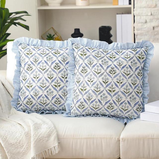 Hillsuren 2 PCS Block Print Pillow Covers - Ruffle Modern Farmhouse Floral Throw Pillow Covers Cotton for Couch Sofa Bed Home Decor (Blue,20 x 20 Inches)