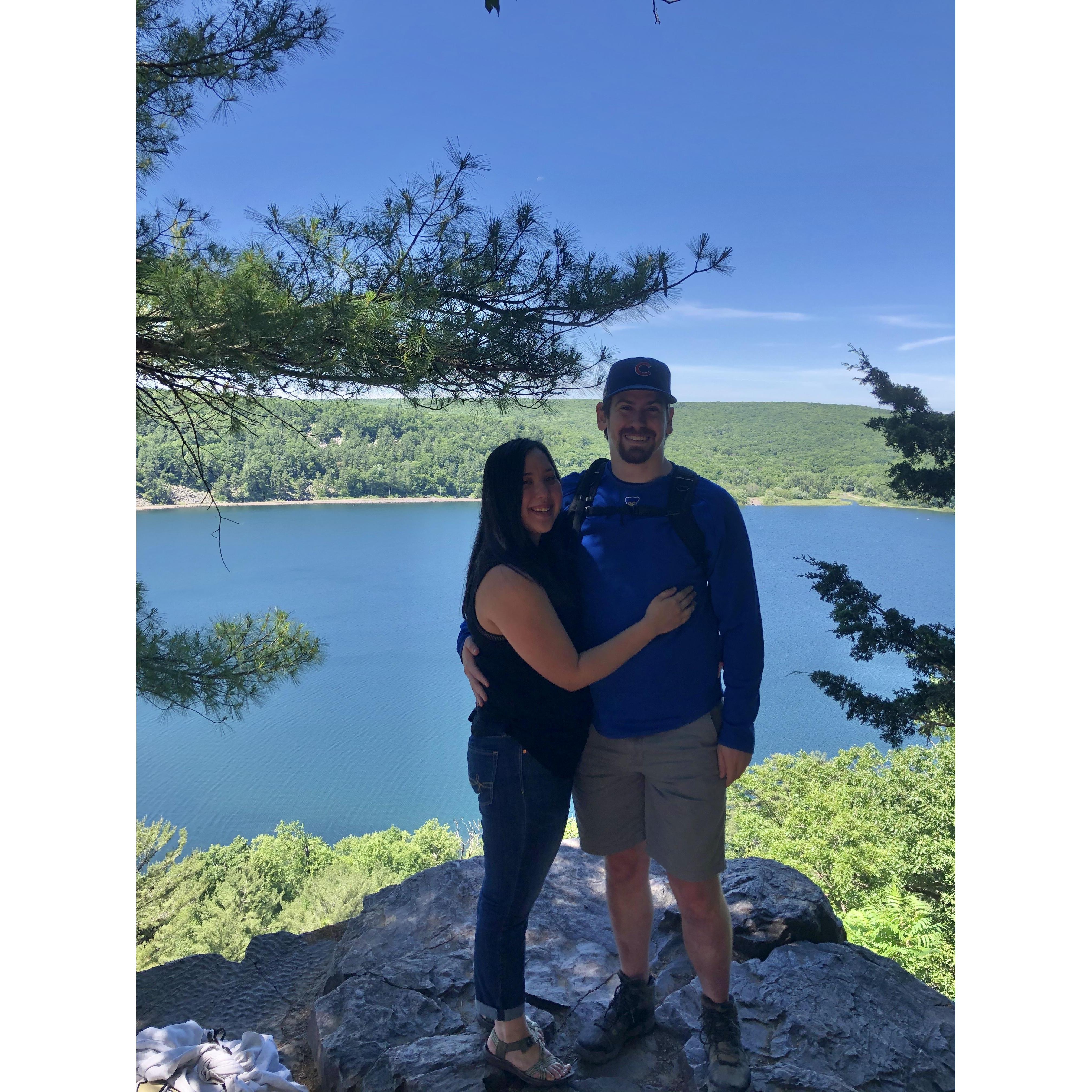 Our favorite activities tend to involve being outside. June 2020 hiking at Devil's Lake State Park.