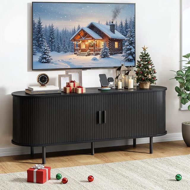 55" TV Stand with Power Outlet, Modern Media Console with Sliding Doors, Entertainment Center for TVs up to 60 Inch, Adjustable Shelves, Black