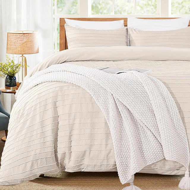 NEXHOME PRO Twin Duvet Cover,Beige 2 Pieces Boho Tufted Duvet Cover Set, Soft and Lightweight 100% Washed Microfiber Comforter Cover Set for All Season(Beige Twin, 66 x 90)-No Comforter