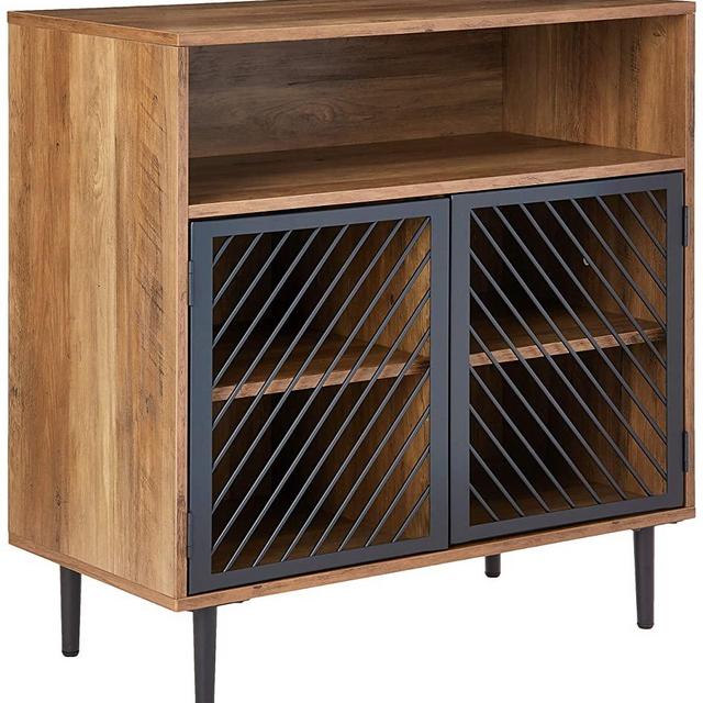 Walker Edison Furniture Company Modern Metal Accent and Wood Kitchen Buffet Entryway Bar Cabinet Storage Entry Table Living Dining Room, 32 Inch, Reclaimed Barnwood Brown