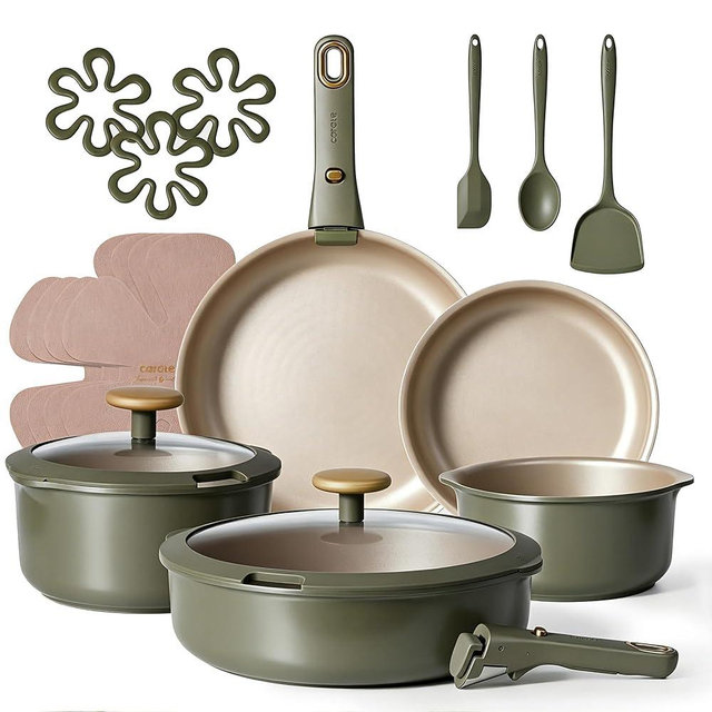 CAROTE 19 Pcs Pots and Pans Set, Nonstick Cookware Sets with Detachable Handle, Titanium Reinforced, Oven Safe, Cookware Non Stick Cooking Set w/Frying Pans & Saucepans Green(PFOS, PFOA Free)