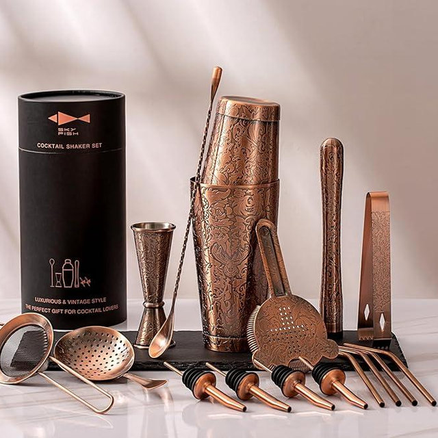 Sky Fish 3D Etched 18-Piece Bartender Kit Stainless Steel Boston Cocktail Shaker Set Copper Plated Bartending Tools Suit for Bar Tools Set Mixology Enthusiasts, Professional Bartenders and Home Drink
