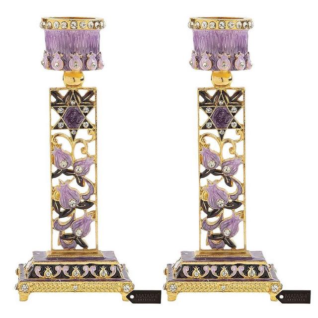 Matashi Shabbat Candlestick Holder (2-Piece Set) Hand-Painted, Gold-Plated Pewter Tall, Vintage Craftsmanship Jewish Holiday Decor (Purple(Star of David))