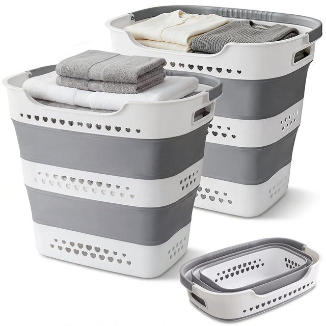 2 Pcs 42L Collapsible Laundry Baskets- Foldable Laundry Basket with Handles, Sturdy Plastic Pop Up Laundry Hamper, Space Saving Storage Container for Wet/Dry Use, Ideal for Home, Dorm, Apartment Grey