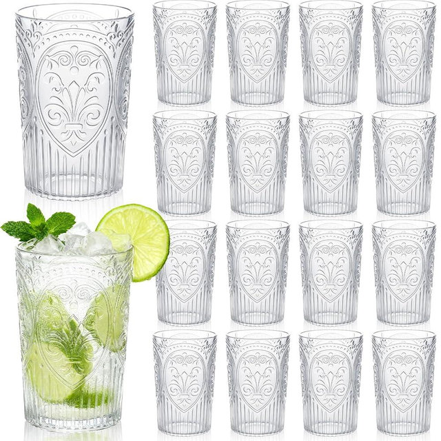Acellegic 24pcs Vintage Plastic Drinking Glasses - 16 oz Embossed Drinking Glasses Reusable Shatterproof Cups Drinkware for Beer Cocktails Juice Wedding Bridal Shower Birthday Backyard Party (Clear)