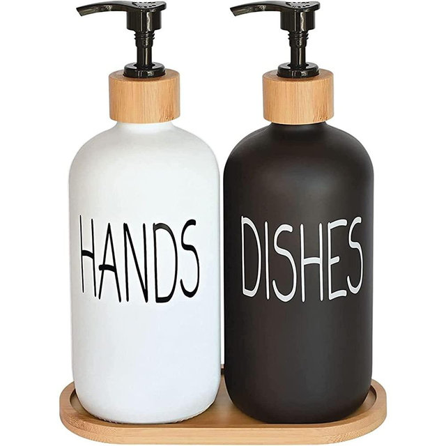 Glass Soap Dispenser Set. Hand Soap and Dish Soap Dispenser with Bamboo Tray. Vintage Soap Dispenser with Pump for Kitchen Sink and Bathroom. Stylish Permanent Labels (Matte Black&White)