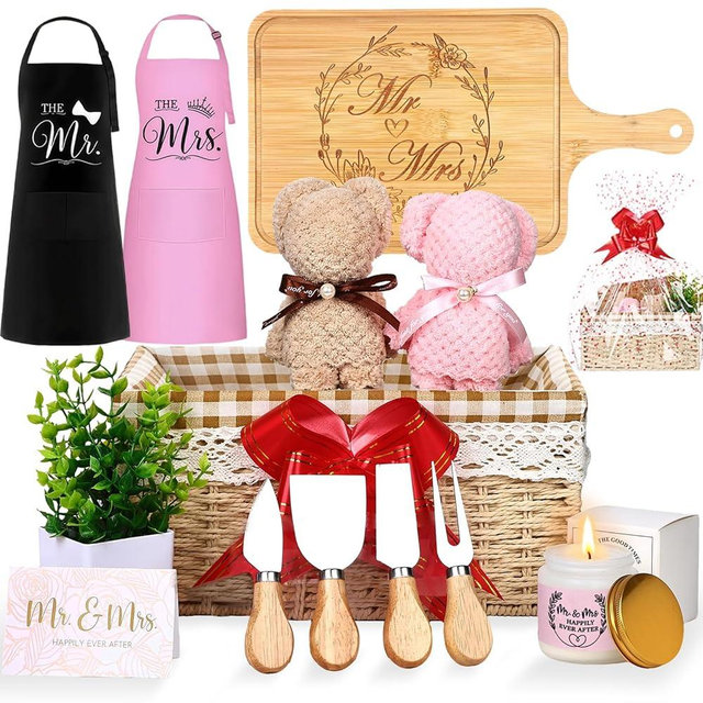 16 Pcs Mr Mrs Aprons for Couples Wedding Gift Basket 2026 Bridal Shower Gift for Engagement Valentine Gifts with 12.8 Board for Newlywed Shower Anniversary His Her Marriage Matching Couple