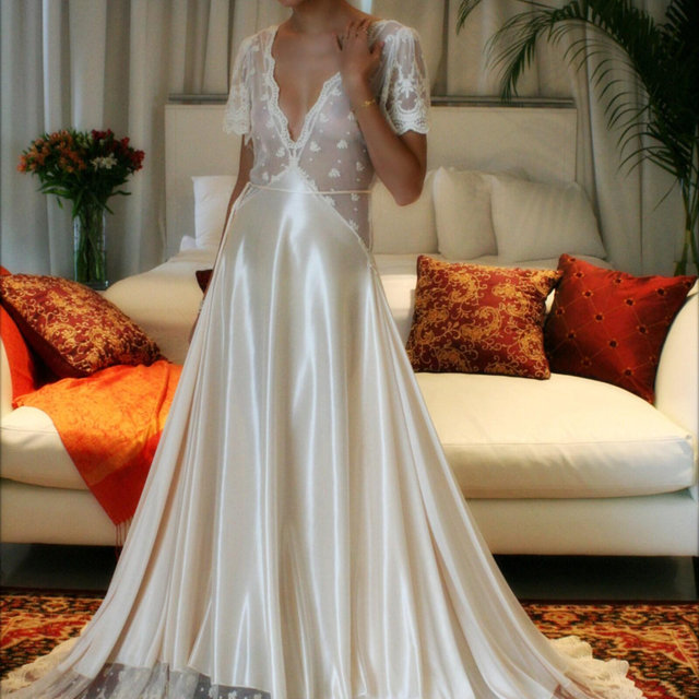 Bridal Nightgown Amelia Satin Embroidered Lace Wedding Lingerie Bridal Sleepwear Champagne Satin Bridal Gown Trousseau Sleepwear Honeymoon