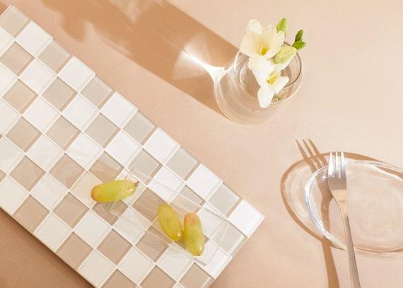 Glass Tile Decorative Tray in White and Beige