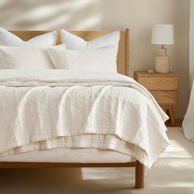 EVERGRACEHOME Stonewashed Cotton Quilt Set King Size, Ultra Soft Oversized Bedspread Coverlet Set, Lightweight Crinkle Box Stitch Bedding Sets for All Season, with 2 Matching Shams, Ivory White