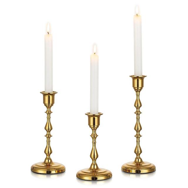 Inweder Brass Candlestick Holders, No Installation Required Candle Sticks Long Holder, Vintage Taper Candle Holders for Wedding, Candlelight Dinners, Chrismas, Gold Candle Holders(3PCS)
