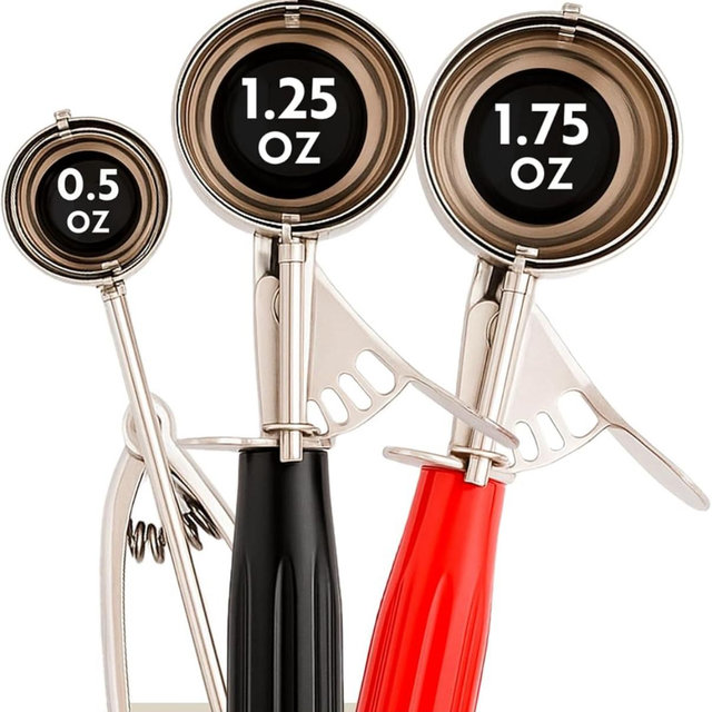 Restaurantware Bundle: 3 Ice Cream Scoops Trigger Release Stainless Steel Dishers 0.5/1.25/1.75 Ounce Cookie Scoops For Baking, Silver, Black and Red, Portion Control, Cookie Dough, Cupcake Batter