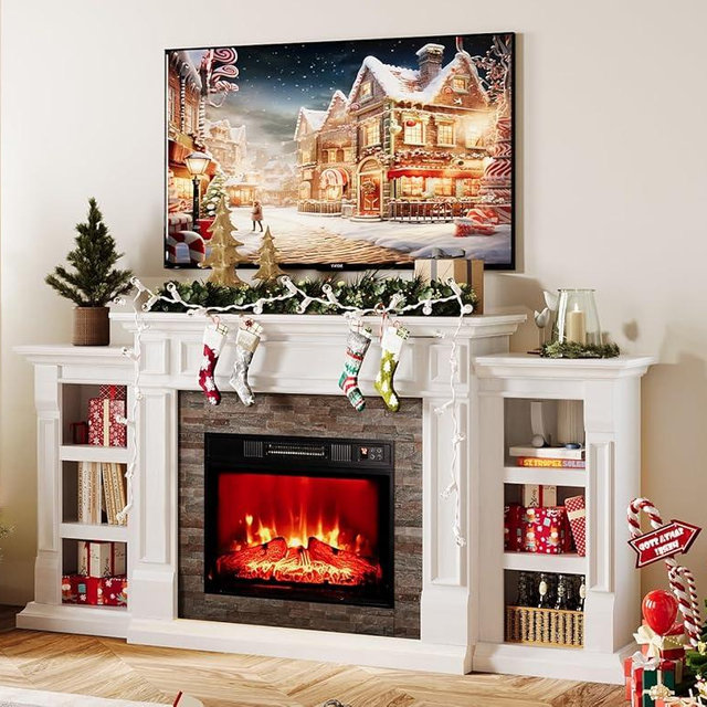 Naice 70" Electric Fireplace with Mantel and Cabinets, Fireplace TV Stand for Living Room Bedroom, Stacked Stone Surround and Remote Control 3D Realistic Flame, White
