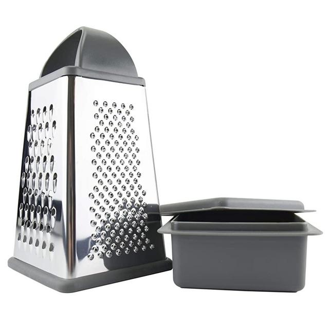 Tovolo Box Grater, Stainless Steel with 4 Sides Best for Parmesan Cheese, Vegetables, Ginger, Nuts with Detachable Storage Container One Charcoal
