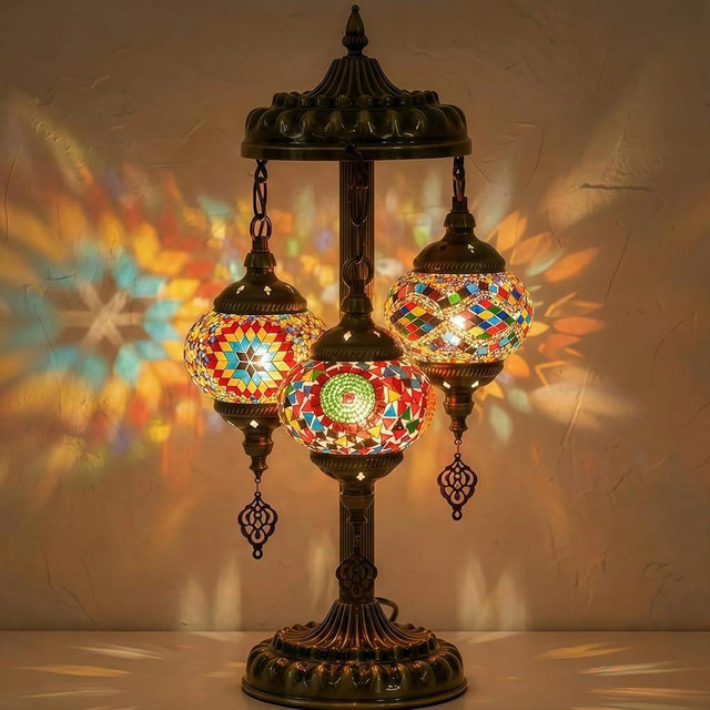 Baquler Turkish Lamp 3 Globes Moroccan Table Lamp with Bronze Base Handmade Colorful Moroccan Bohemian Glass Night Light for Living Room Bedroom Decor