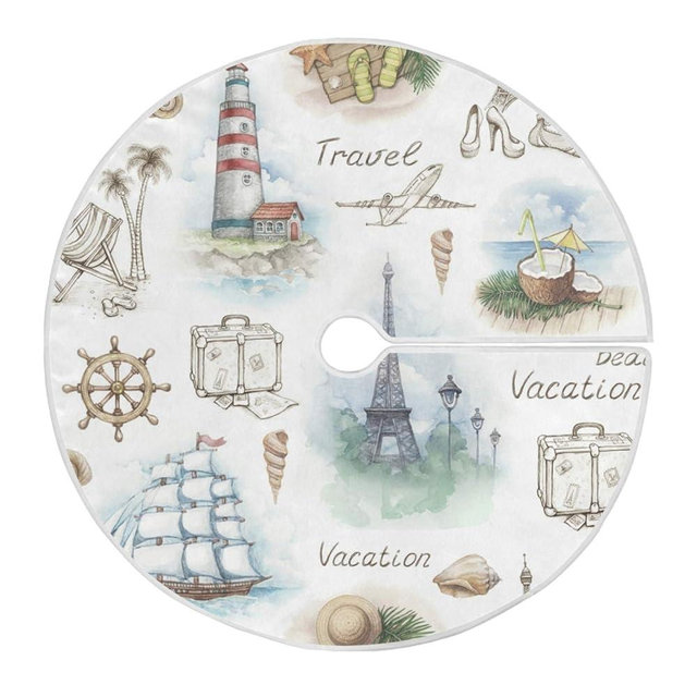 Blueangle 35.4Inch Travel Landscape Pattern Christmas Tree Skirt Large Round Tree Skirt Polyester Christmas Tree Skirt Christmas Decorations