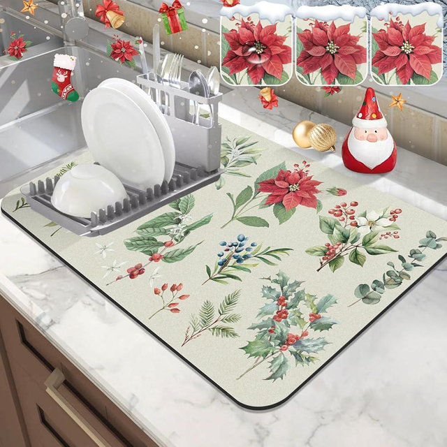 LOKHOM Christmas Dish Drying Mat for Kitchen Counter, 12"x20" Absorbent Christmas Sage Flower Herbs Drying Mat with Red Plants, Xmas Holiday Dish Rack Mat Coffee Maker Dining Room Decor