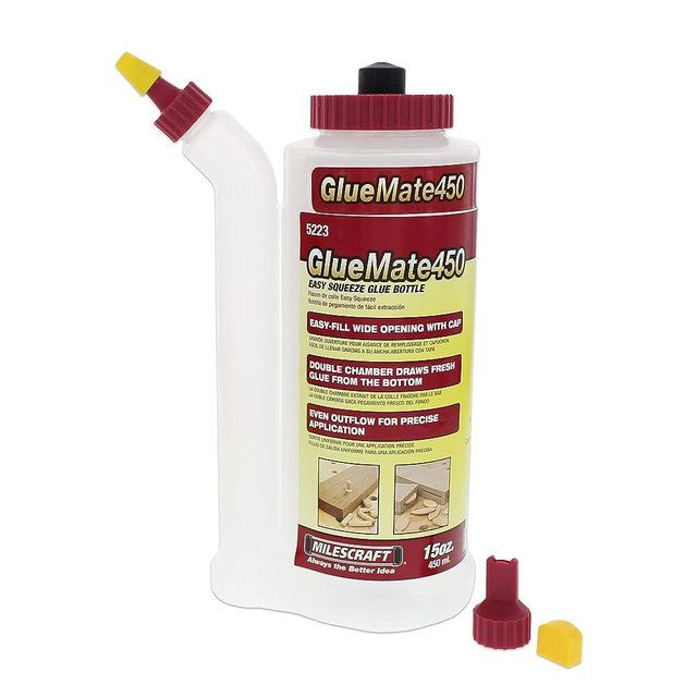 Milescraft 5223 Glue Mate 450-15oz. (450ml) Precision Wood Glue Bottle - Anti-Drip - Dowel and Biscuit Tips Included - Easy Flow Multi-Chamber Design - Ideal for Woodworking