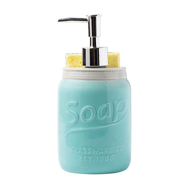 Mason Jar Kitchen Soap Dispenser & Sponge Holder - Sink Organizer - 14oz Kitchen Counter Liquid Soap Dispenser with Stainless Steel Pump, Blue Ceramic Soap Holder w/Free Sponge