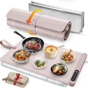 FYY Warming Mat for Food with Heat Resistant Pad, Prevent Countertop Cracks, Keep Meal Warm, Rapid and Full Surface Heating, 6 Temp Settings, 6H Timer, Upgraded Rollable Portable Food Warmer Mat Pink