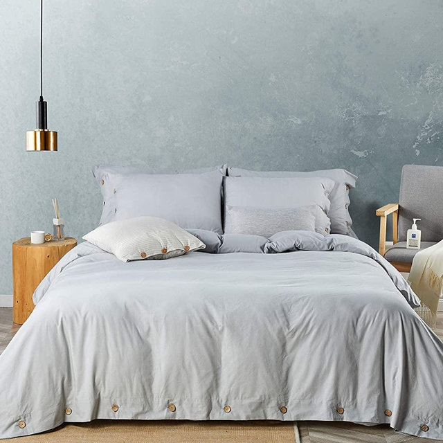 JELLYMONI Light Grey 100% Washed Cotton Duvet Cover Set, 3 Pieces Luxury Soft Bedding Set with Buttons Closure. Solid Color Pattern Duvet Cover Cal King Size(No Comforter)