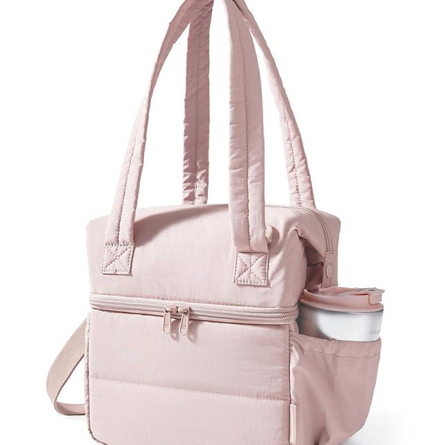 BAGSMART Double Deck Lunch Bag Women, Insulated Reusable Lunch Box, Quilted Puffer Lunch Tote with Shoulder Strap, Durable Large Lunch Cooler For Work Picnic Travel Meal Prep Flight, Pink