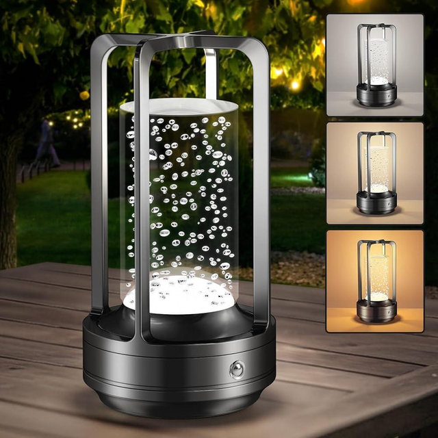 Portable Table Lamp for Outdoor Indoor: Cordless Rechargeable Desk Lamp with 3 Color Stepless Dimmable - Metal Battery Operated Lantern Light for Bedroom/Bar/Coffee Shop/Camping (Black (Bubble))